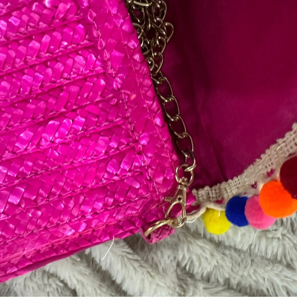 Colorful Pink Woven Pompom Crossbody Clutch Bag NWOT - Picture 4 of 5